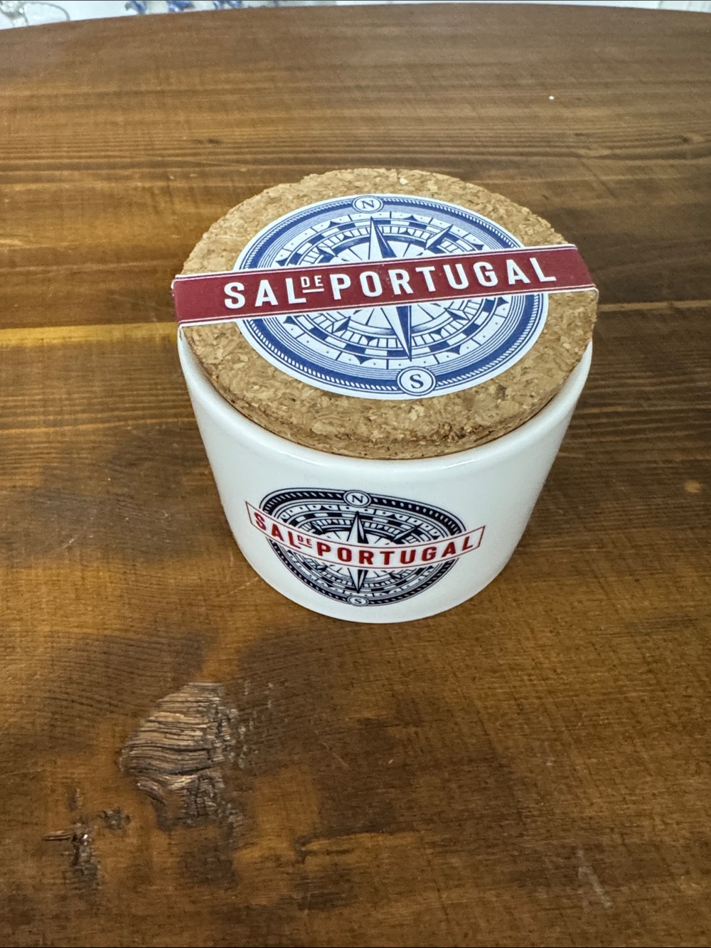 Stanley White Ceramic Salt Jar with Cork Lid and Red Accent